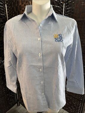 Women’s Blue and White Striped Button-Down Shirt with LO Chest Embroidery